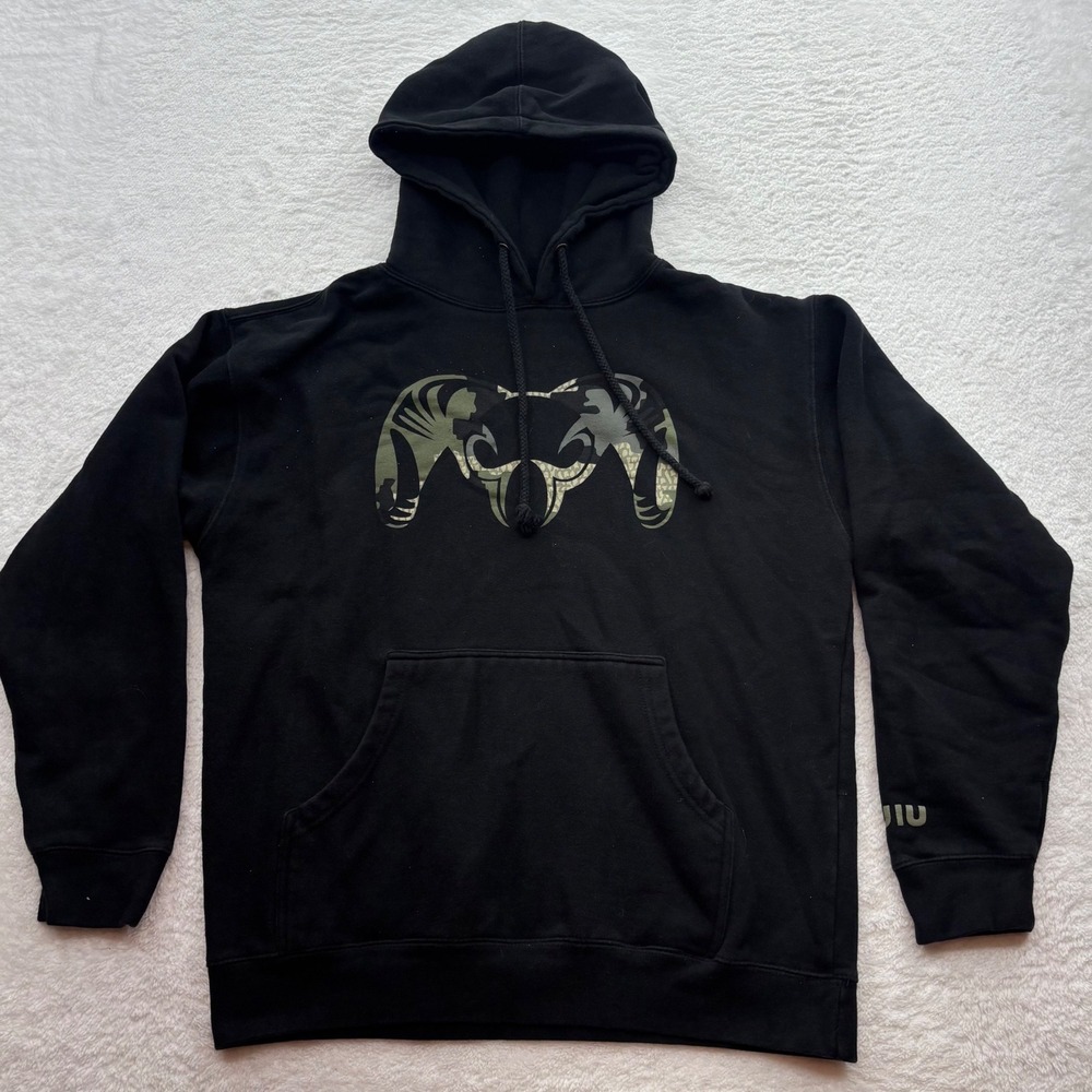 Kuiu Mens Black Camo Ram Skull Graphic Pullover Hoodie Size Medium C619
